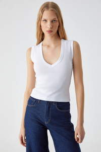 GRIMELANGE Lescosa Kadın Slim V Yaka Kolsuz Beyaz Bluz
