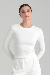 SHEISMONO Soft Rib Yuvarlak Yaka Bluz Ekru