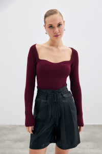 Sateen Kalp Yaka Triko Bluz - Bordo