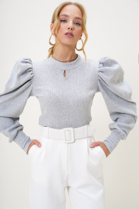 Trend Alaçatı Stili Kadın Gri Bisiklet Yaka Damla Dekolteli Prenses Kol Triko Bluz ALC-X13069