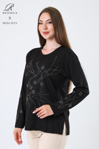 Ravencia Kadın Orta Yaş Ve Üzeri Viskon Yeni Kaplama Desen Taşlı Işlemeli Likralı Siyah Anne Penye Bluz