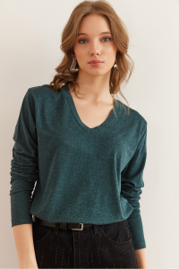 Olalook Kadın Zümrüt Yeşili V Yaka Yün Viskon Dökümlü Bluz BLZ-19002729
