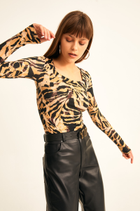 LACHT Kadın Kare Yaka Son Bahar Desenli Uzun Kollu Viskon Bluz