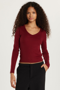 Tudors Kadın Modal Kumaş Slim Fit Pamuklu Düz V Yaka Bordo Bluz