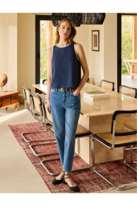 Jimmy Key Lacivert %100 Keten Yuvarlak Yaka Düz Kesim Kolsuz Bluz