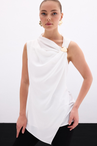 Sateen Tek Omuz Aksesuarlı Bluz - Ekru