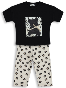 Комплект для девочек с рисунком леопарда и медвежонка на возраст 2-5 лет - черный - 24.