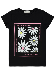 Девочки Футболка с принтом ромашки 6-9 лет - Черная - 31