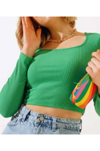 Lorya Giyim Kadın  %100 Pamuklu Vücuda Yapışan Fitilli Kare Yaka Kaşkorse  Uzun Kollu Crop Bluz