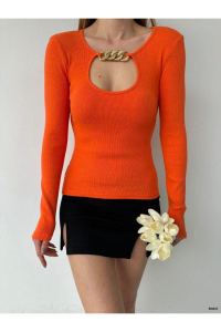 Modafeminen Esnek Kumaş Kaşkorse Ön Dekolte Zincir Detyalı Bluz 581917 TURUNCU