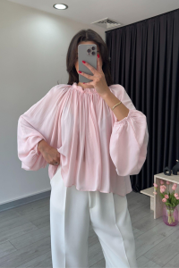 My Blog Pembe Yakası Büzgülü Yarasa Kol Bluz - 4959