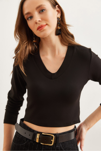 Olalook Kadın Siyah V Yaka Soft Touch Esnek Bluz BLZ-19002767