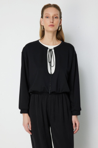 Crop Fit Свитер с круглым вырезом длинный рукав Женский 76329 Черный - 1