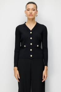 Пуловер с пуговицами, регулярный fit, V-образный вырез, длинные рукава, женский, модель 70912, черный - 2.