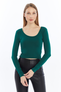 LAENT Kadın Zümrüt Havuz Yaka Uzun Kollu Crop Bluz