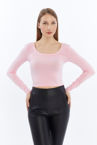 LAENT Kadın Pembe Havuz Yaka Uzun Kollu Crop Bluz