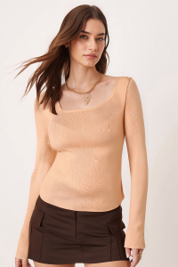 armonika Kadın Vizon Kare Yaka Likralı Triko Bluz ARM-26K069002