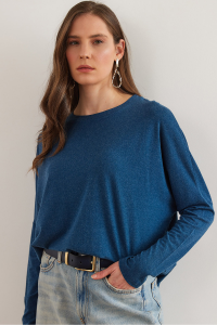 Olalook Kadın İndigo Bisiklet Yaka Yarasa Yün Viskon Bluz BLZ-19002801