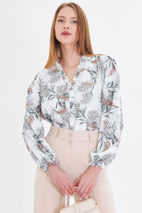 armonika Kadın Haki Yakası Ve Önü Fırfırlı Kolları Lastikli Uzun Kollu Bluz ARM-25Y001015