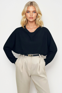 Trend Alaçatı Stili Kadın Siyah Degaje Yaka Geniş Kesim Örme Bluz ALC-X13126