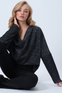 Trend Alaçatı Stili Kadın Antrasit Degaje Yaka Geniş Kesim Örme Bluz ALC-X13126