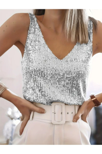 AYSİ COLLECTİON Pul Payetli V Yaka Askılı Üst, Parti ve Tatil İçin Şık Kolsuz Üst Gümüş