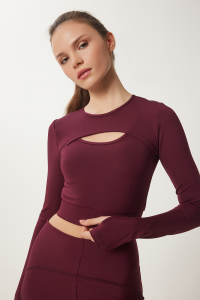 Happiness İstanbul Kadın Bordo Parmak Detaylı Pencereli Örme Spor Sweatshirt VX00010