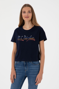 Велосипедный вырез Crop Top Короткий рукав Женская футболка 2104062 VR033 Тёмно-синий - 12