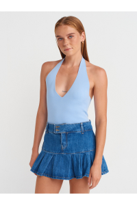 Dilvin 10794 Halter V Yaka Basıc Bluz-Mavi
