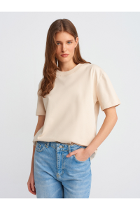 Dilvin 30312 Dekoratif Dikişli Bisiklet Yaka Tshirt-Taş