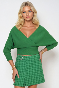 Trend Alaçatı Stili Kadın Yeşil Ön Arka V Yaka Kruvaze Bluz ALC-019-053-BLZ