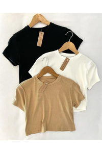 ÖZ PAMUK Kadın 3 Lü Adet Fitilli %100 Pamuklu Bisiklet Yaka Örme Crop T-shirt