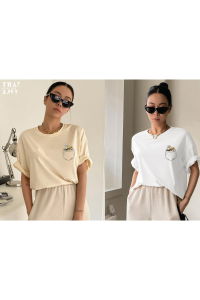 FAVORİST 2si1 Arada Bej Ve Beyaz Çiçek Baskılı Oversize Kadın Tshirt