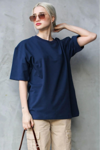 Tight Lady Süper Kalite Kadın %100 Pamuk Lacivert Bisiklet Yaka Oversize Boyfriend T-shirt