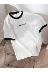 COHERENT Unisex Erkek/Kadın Beyaz Siyah Yaka LOSANGELES Özel Baskılı Oversize Pamuklu T-Shirt Tişört