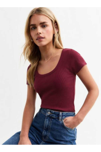 Rooted Kadın Bordo ,Kare Yaka T-shirt & Bluz , Likralı Fitilli Kaşkorse Kumaş