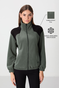 Хаки Тонкая Мягкая Флисовая Женская Толстовка С Высоким Воротником В Оверсайз Стиле С Вышивкой - 97293