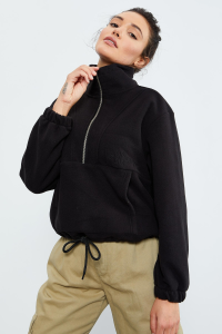 Черный свитшот с коротким молнией и драпировкой по краям для женщин - 97171