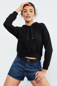 Черный длинный рукав удобный спортивный свитшот с капюшоном для женщин - 97115