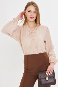 armonika Kadın Bej Yakası Ve Önü Fırfır Detaylı Kolları Lastikli Uzun Kollu Bluz ARM-25K001030