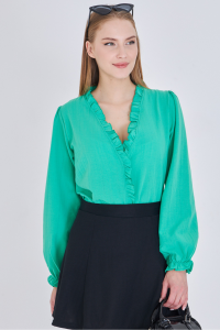 armonika Kadın Açık Yeşil Yakası Ve Önü Fırfır Detaylı Kolları Lastikli Uzun Kollu Bluz ARM-25K001030