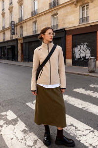 Темно-бежевый свитер с молнией и высоким воротником, свободного кроя для женщин - 97173.