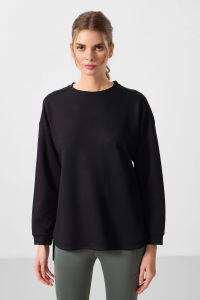 Черный мягкий текстурированный туника-свитшот с круглым вырезом свободного кроя для женщин - 9730