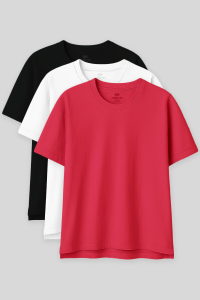 Oversize Fit Basic круглый вырез 3 в пакете черный- белый- розовый женская футболка 97285
