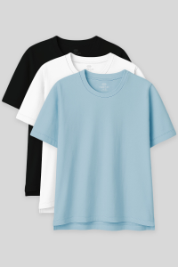 Оверсайз футболка базового кроя с круглым вырезом, в упаковке по 3 штуки, в черном, белом и светло-голубом цветах для женщин, артикул 97285.