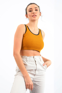 Горчичный базовый топ без рукавов, облегающего кроя, U-образный вырез, женский кроп-топ - 97160.