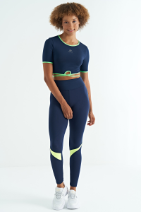 Индиго пояс с завязкой, детализированный круглый вырез, стандартный крой, водолазная ткань, женская кроп-футболка - 97266.