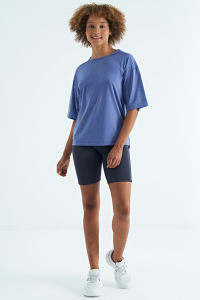 Фиолетовая футболка с принтом на воротнике, оверсайз, короткий рукав, женская - 9726.