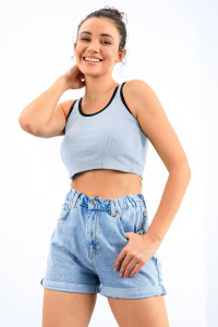 Голубой базовый топ без рукавов узкого кроя с U-образным вырезом для женщин - 971621