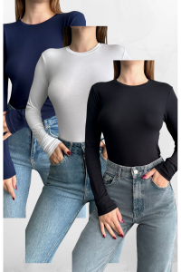 macharel jeans Siyah-Beyaz-Lacivert 3'lü Bisiklet Yaka Basic Uzun Kollu Body